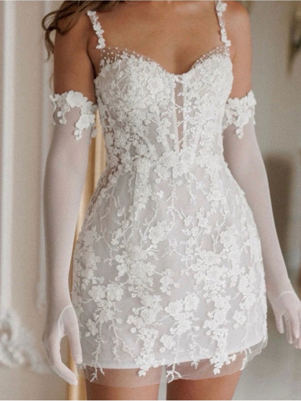 Bridal White Floral Lace Mini Dress with Sheer Bodice